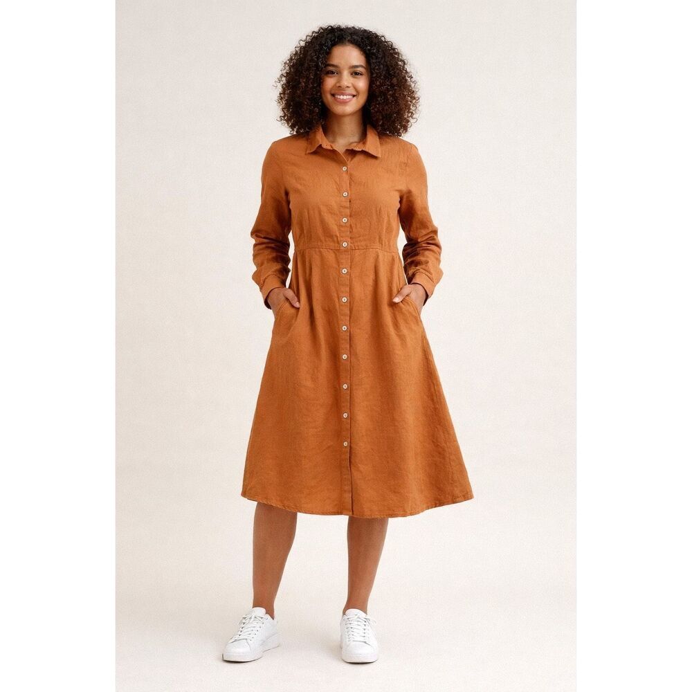 Grae Cove Womens Burnt Orange Linen Blend Button Down Midi Dress Size Large